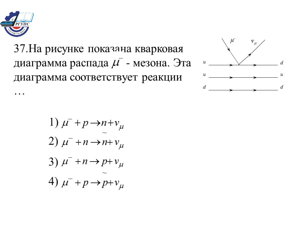 37.На рисунке показана кварковая диаграмма распада - мезона. Эта диаграмма соответствует реакции … 1)